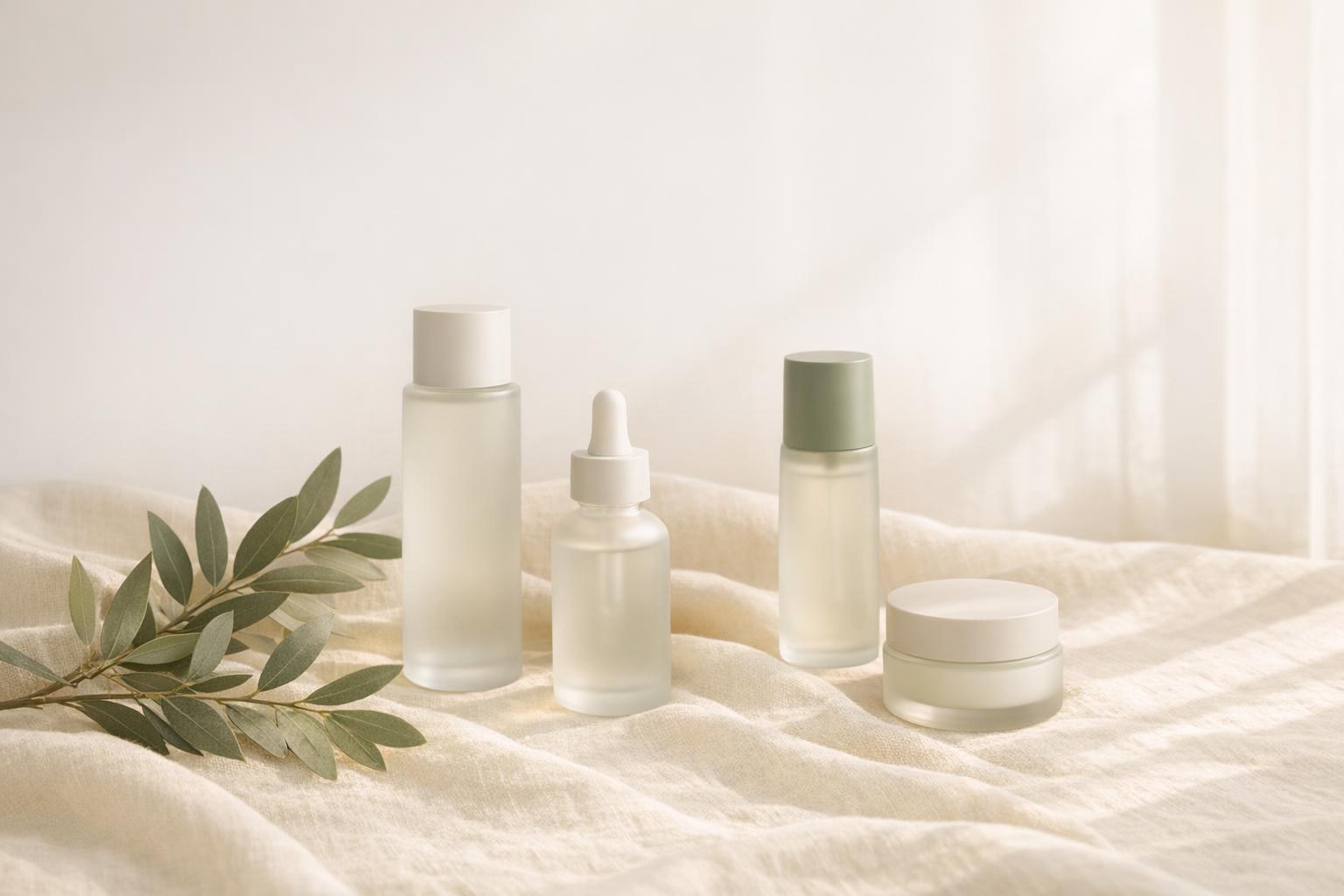 Productos de skincare coreano con rama de olivo